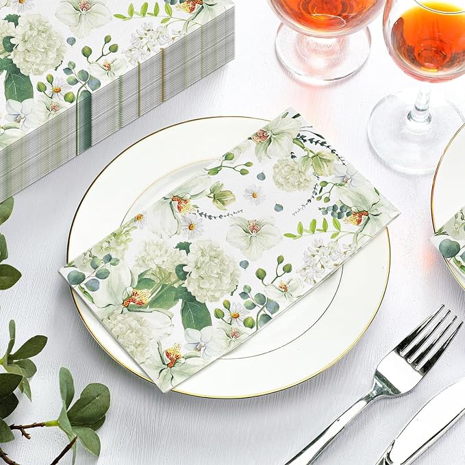 60 Pack 3 Styles Floral White Magnolia Blossom Guest Napkins Disposable Paper - Image 4