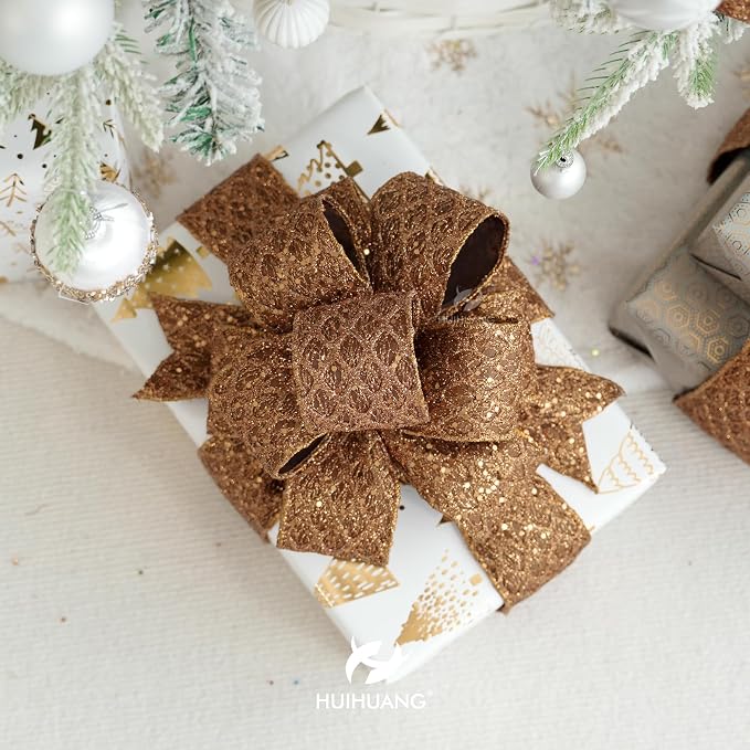 HUIHUANG Copper Wired Ribbon 4 inch Glitter Christmas Wired Ribbon Diamond Mesh - Image 7