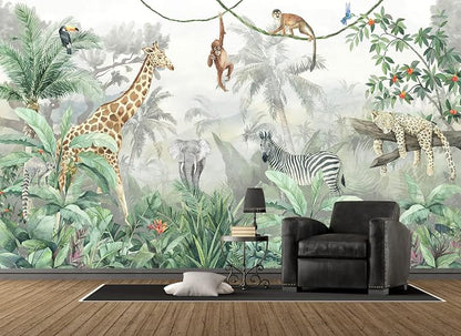 Kids Wallpaper Tropical Leves and Safari Animals Wall Mural - Image 4