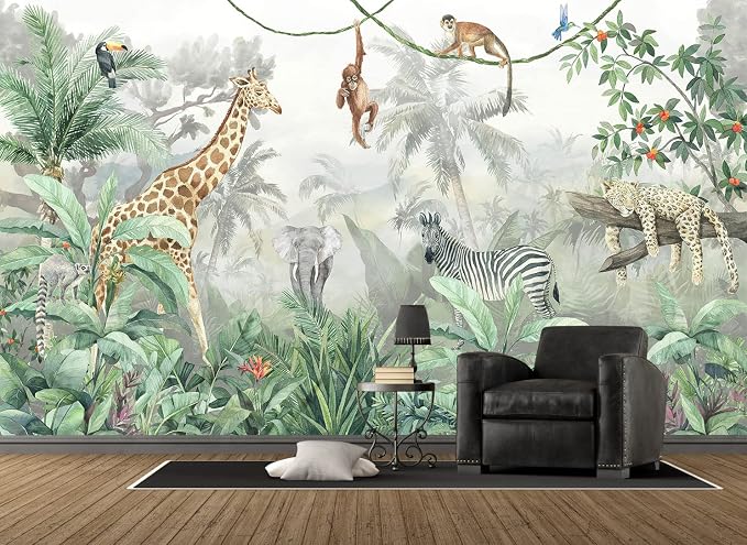 Kids Wallpaper Tropical Leves and Safari Animals Wall Mural - Image 4