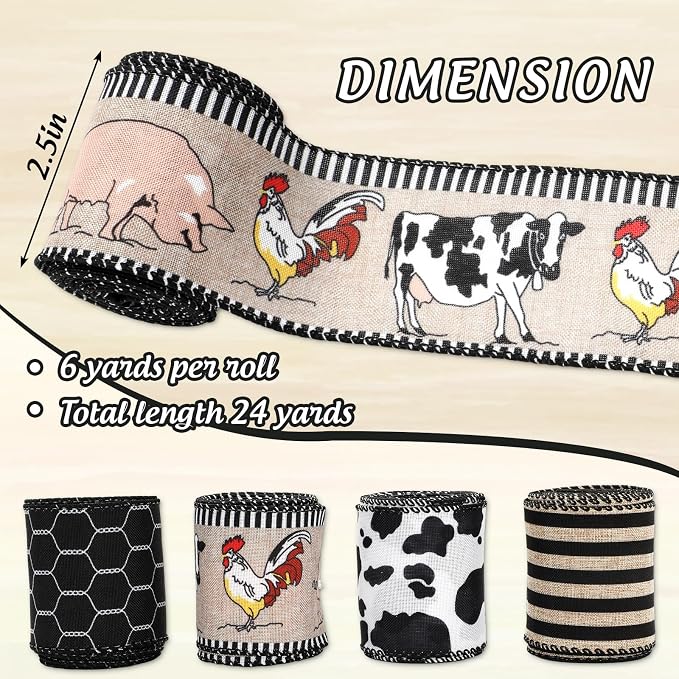 Farmhouse Animal Wired Edge Ribbons Cow Chick Pig Stripe Chicken Wire - Image 2