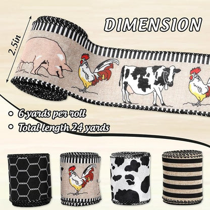 Farmhouse Animal Wired Edge Ribbons Cow Chick Pig Stripe Chicken Wire - Image 2