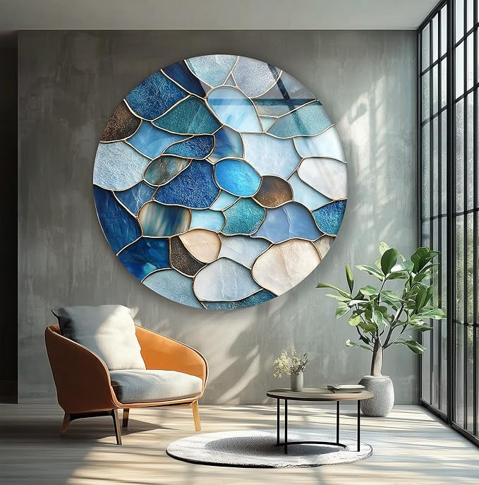 My Photostation.com 27.5'' Diameter Coastal Blue Stone Mosaic Round Glass Wall by MyPhotostation