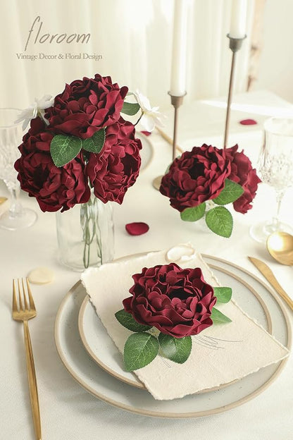 Floroom Artificial Flowers 16pcs 4" Burgundy Blooming Peonies Real Looking Foam - Image 2