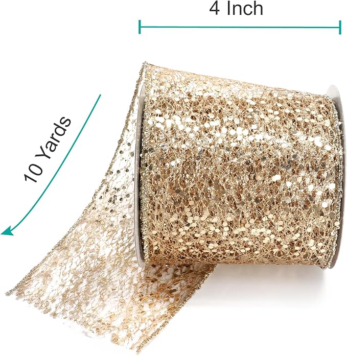 CT CRAFT LLC Sparkling Glitter Mesh Wired Ribbon 4" x 10 Yards Champagne Gold - Image 2