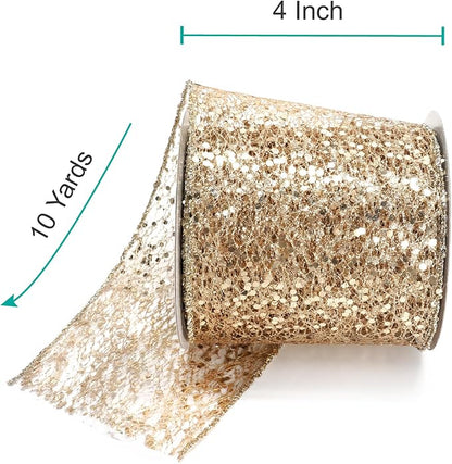 CT CRAFT LLC Sparkling Glitter Mesh Wired Ribbon 4" x 10 Yards Champagne Gold - Image 2