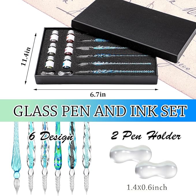 Zonon Glass Dipped Pen Ink Set 14 Pcs Include 6 Pcs Glass Dip Pen, 6 Colorful - Image 3