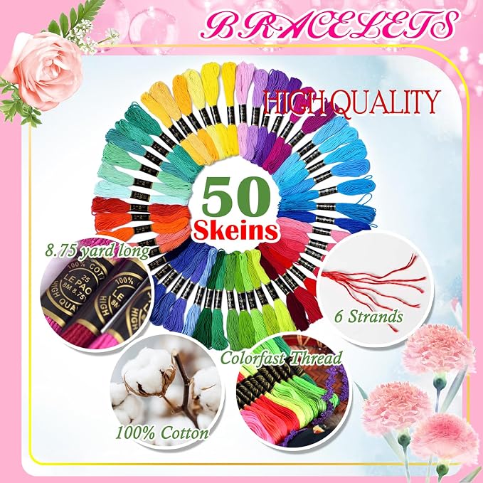 Friendship Bracelet String 50 Skeins Fashionable Rainbow Color Embroidery Floss - Image 6