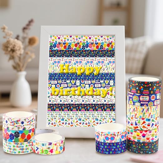 12 Rolls Happy Birthday Washi Tape, Colorful Cake Candles Masking Tapes - Image 5