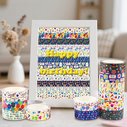 12 Rolls Happy Birthday Washi Tape, Colorful Cake Candles Masking Tapes - Image 5