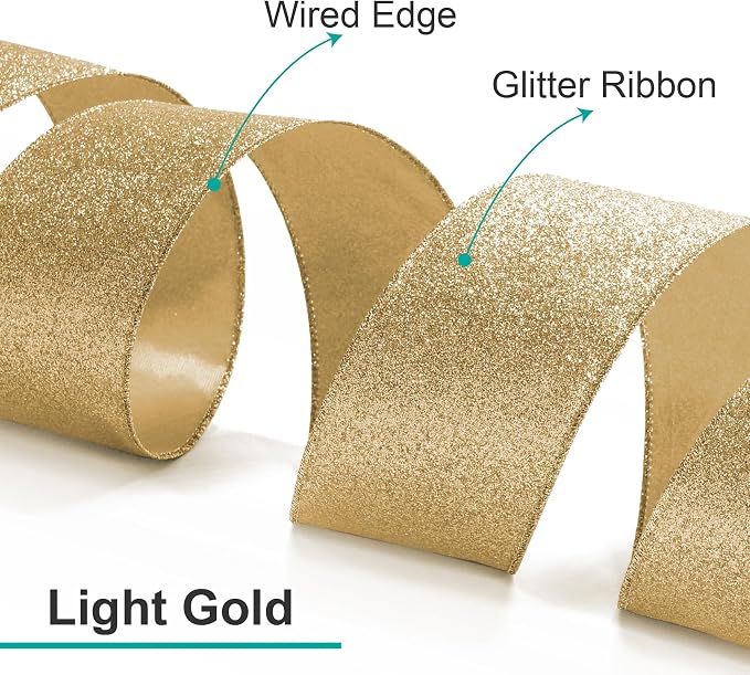 CT CRAFT LLC Glitter Wired Ribbon 1.5" x 20 Yards Light Gold - Image 3