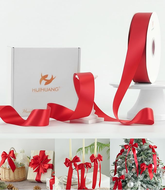 HUIHUANG Red Satin Ribbon 1-1/2 inch x 100 Yards Red Color Double-Faced Satin by HUIHUANG
