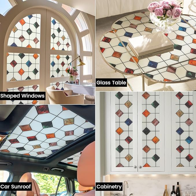 DKTIE Stained Glass Window Film Geometric Patterns, Fine Frosted Window Clings - Image 5