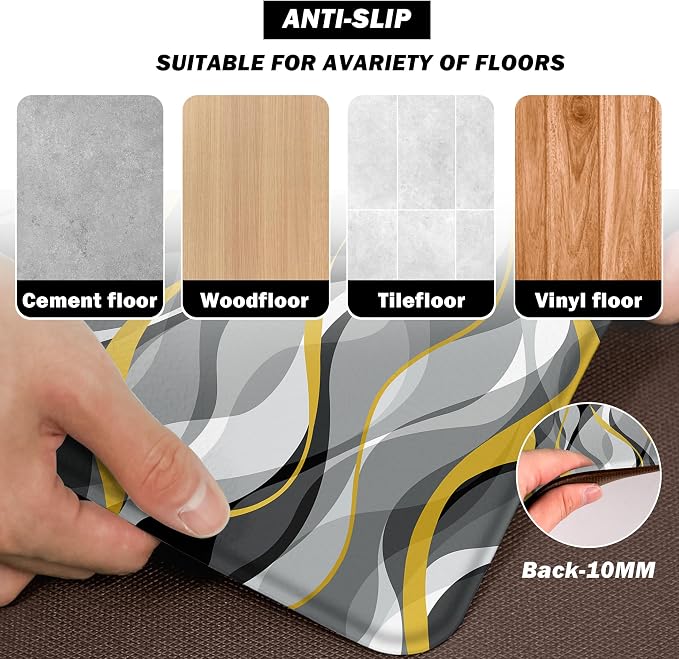 Kitchen Mats for Floor Modern Abstract kitchen rugs Grey and Yellow Stripe Anti - Image 3