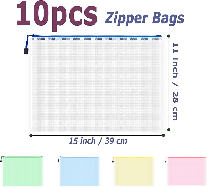 AUSTARK 10 Pcs Zipper File Bags, Waterproof Plastic Mesh Pouch - Image 2
