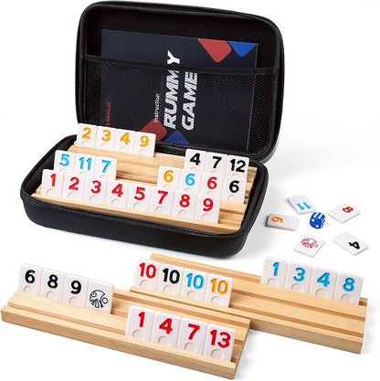 Rummy Cube Game Set with 4 Wooden Racks, 106 Rummy Tiles and Portable Case by ELONGDI