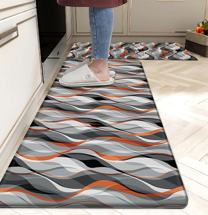 Kitchen Mats for Floor Modern Abstract kitchen rugs Grey and Orange Stripe Anti by weesire