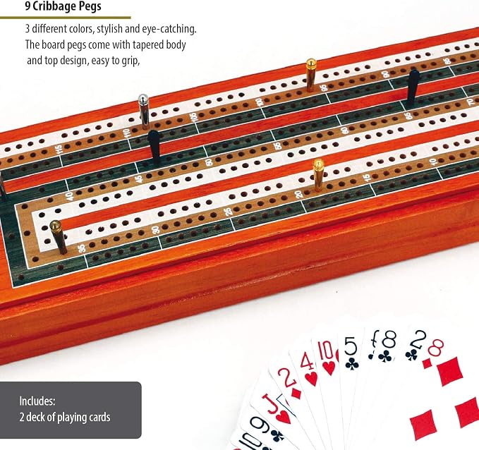 ERLLE - Wooden Cribbage Board Game Set, Continuous 3 Track Wooden Board - Image 5