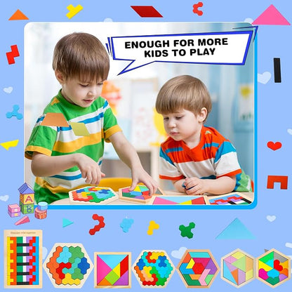 7 Pack Wooden Tangrams Puzzle Set Wooden Hexagon Puzzles Wood Russian Blocks - Image 5