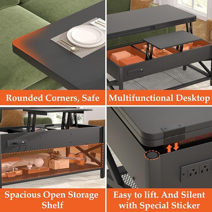 Aheaplus Coffee Table Lift Top Multi-Function Coffee Table Converts to Dining - Image 6