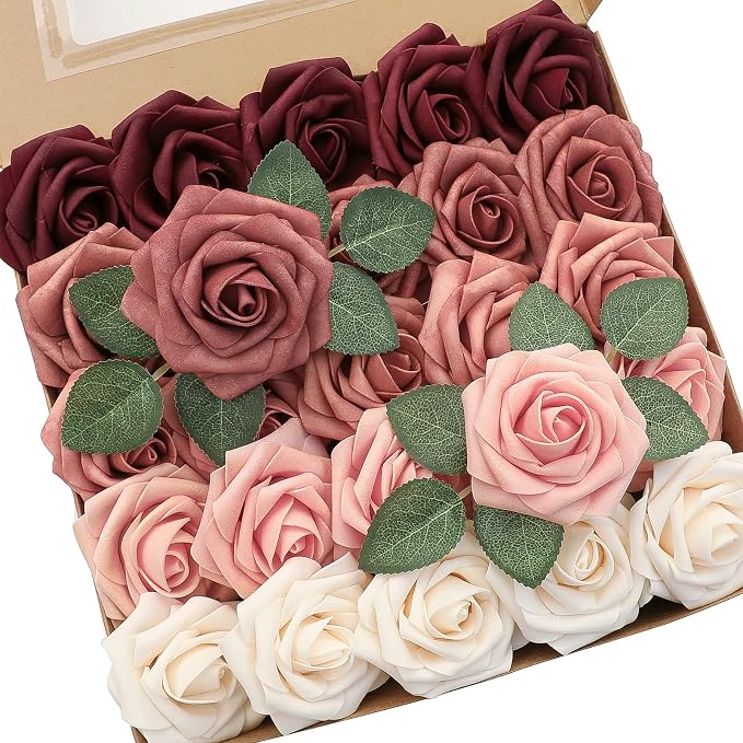 Floroom Artificial Flowers 25pcs Real Looking Burgundy Ombre Colors Foam Fake by Floroom