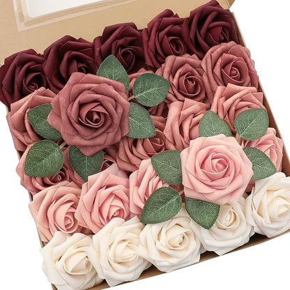 Floroom Artificial Flowers 25pcs Real Looking Burgundy Ombre Colors Foam Fake by Floroom