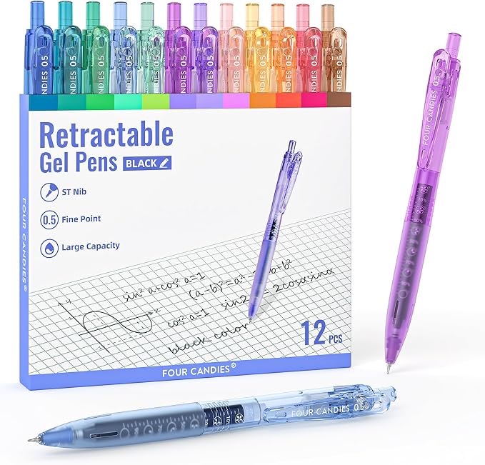 Four Candies 12Pack 0.5mm Black Ink Quick Dry Retractable Gel Pen Set, Cute by FourCandies