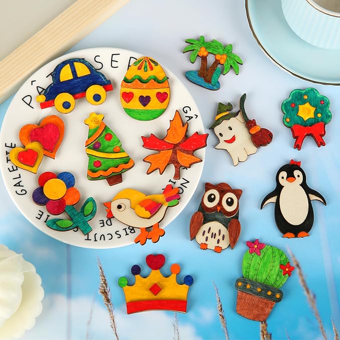 Worgree 48 Pcs DIY Wooden Magnets, Wooden Art Craft Supplies Painting Kit - Image 7