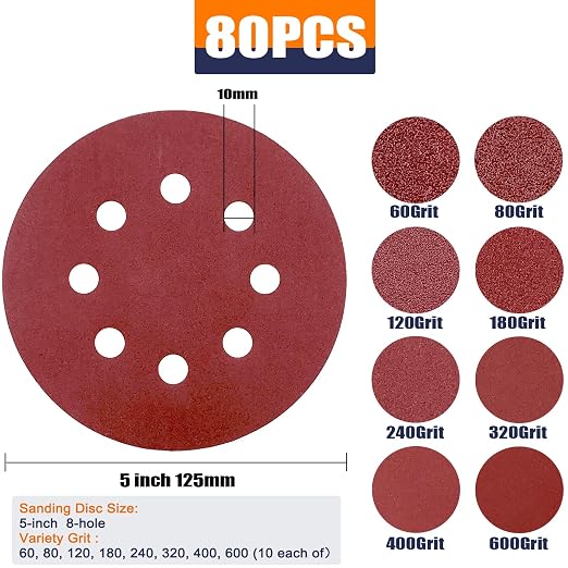 Sanding Discs Variety Grit Sandpaper: Hook Loop Disc 5-Inch 8-Holes 60 80 120 - Image 2