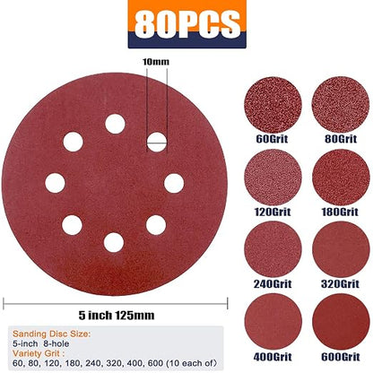 Sanding Discs Variety Grit Sandpaper: Hook Loop Disc 5-Inch 8-Holes 60 80 120 - Image 2
