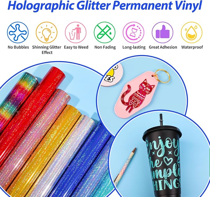 GIRAFVINYL Holographic Glitter Permanent Vinyl Bundle, 9 Assorted Colors - Image 3