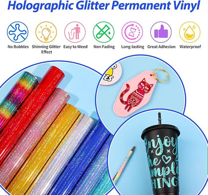 GIRAFVINYL Holographic Glitter Permanent Vinyl Bundle, 9 Assorted Colors - Image 3
