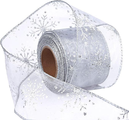 2.5 Inch Wide Christmas Wired Ribbon Snowflake Organza Sheer Glitter Ribbon by Livder