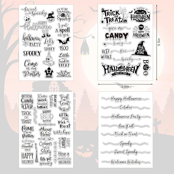 Whaline 4 Sheets Halloween Clear Stamps Greeting Words Pumpkin Bat Silicone - Image 2