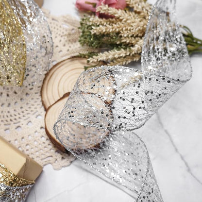 CT CRAFT LLC Sparkling Glitter Mesh Wired Ribbon 2.5" x 20 Yards Silver - Image 5