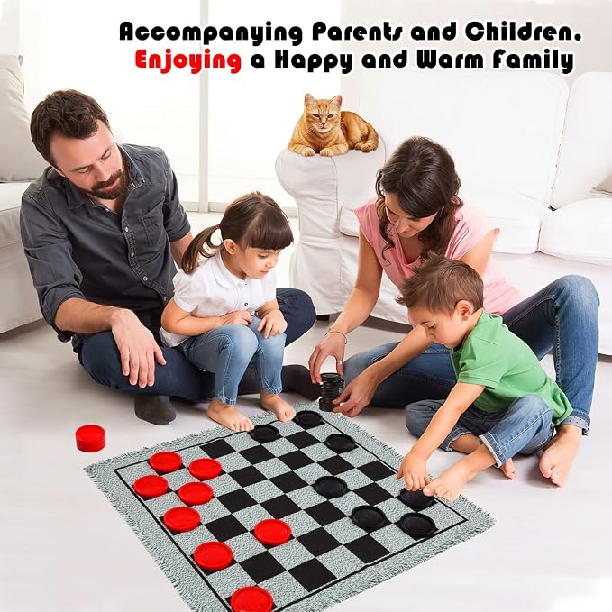 Giant Checkers Board Game Set, 3 in 1 Tic Tac Toe Board Draughts Reversible Rug - Image 5