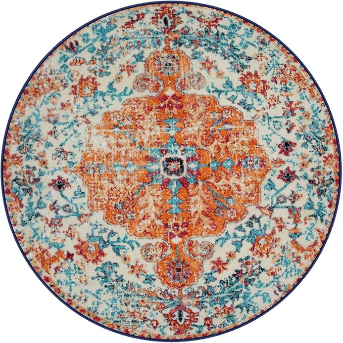 Lahome Washable Round Rugs 5'3"ft, Bohemian Orange Circle Rugs - Image 9
