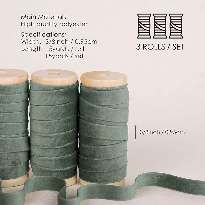 Vitalizart Dusty Green Velvet Ribbon Set 3/8" x 15 Yd Wooden Spool Fabric Trim - Image 2