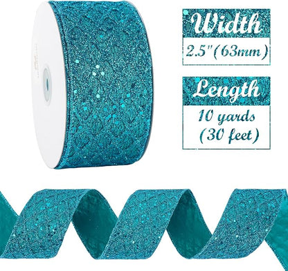 HUIHUANG Turquoise Glitter Wired Ribbon - Image 3