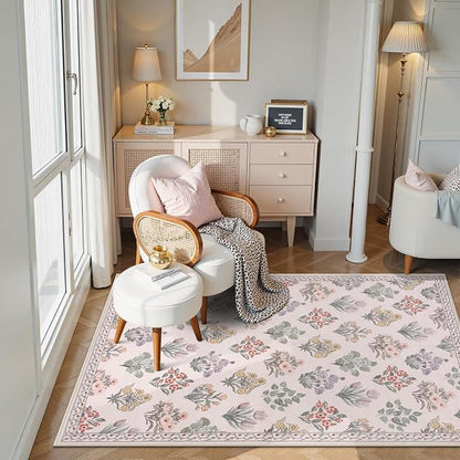 Wonnitar Pink Rugs for Bedroom Girls Nursery, Washable 5x7 Floral Rug, Boho - Image 6