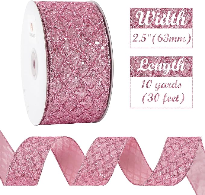 HUIHUANG Pink Glitter Wired Ribbon - Image 3
