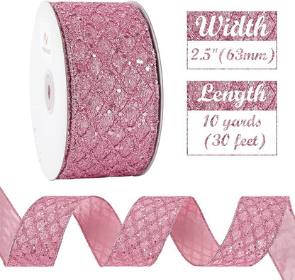 HUIHUANG Pink Glitter Wired Ribbon - Image 3