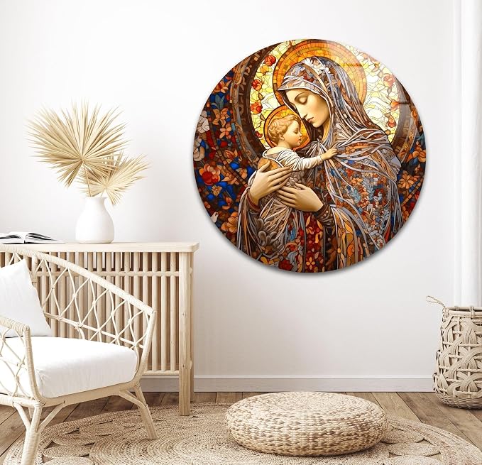 My Photostation.com Round 24'' Jesus and Virgin Mary Glass Wall Art Tempered - Image 3