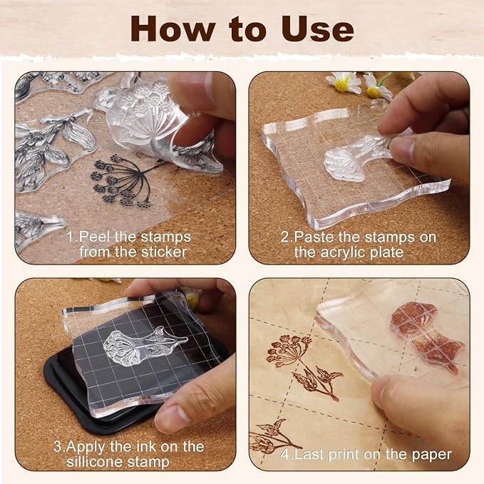 UCEC 8 Sheets Clear Stamps Set, Vintage Plants Flower Rubber Silicone Stamps - Image 2
