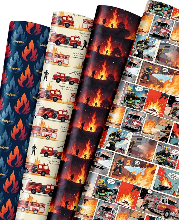 Pineraap 12 Sheets Firefighter Themed Wrapping Paper, Fire Safety Gift Wrap by Pineraap