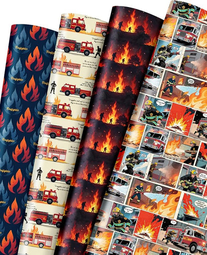 Pineraap 12 Sheets Firefighter Themed Wrapping Paper, Fire Safety Gift Wrap by Pineraap
