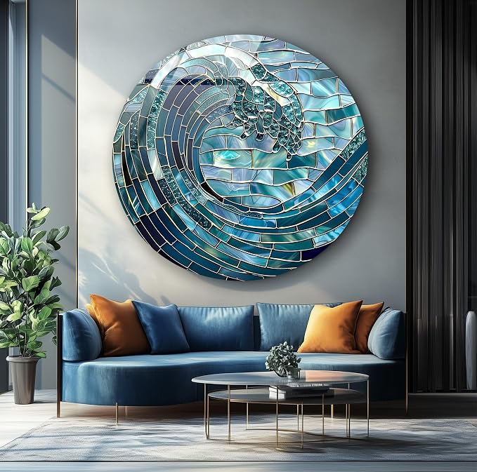 My Photostation.com 27.5'' Diameter Ocean Wave in Blue Mosaic Round Glass Wall - Image 6