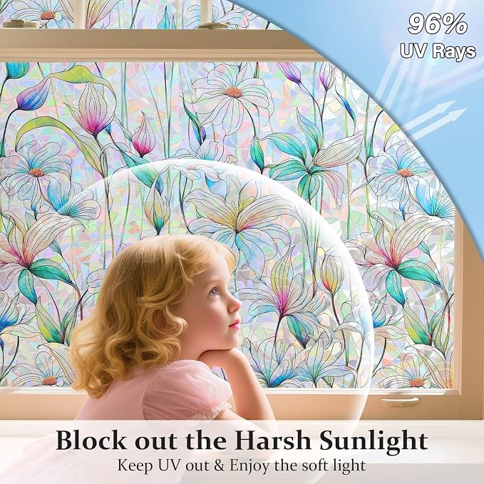 Donox Decorative Window Privacy Film, 3D Floral Stained Glass Window Film - Image 4