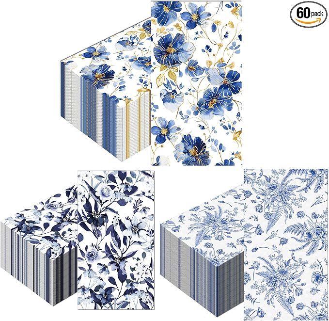 60 Pack 3 Styles Blue Floral Napkins by HFHYXIN