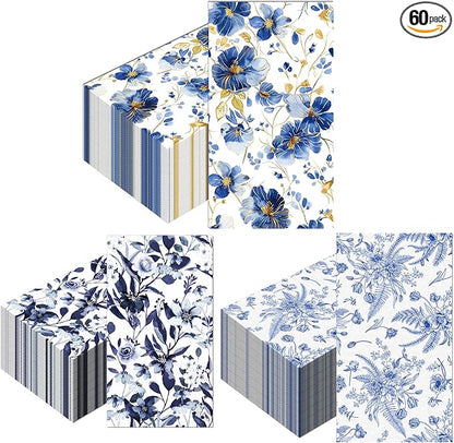 60 Pack 3 Styles Blue Floral Napkins by HFHYXIN
